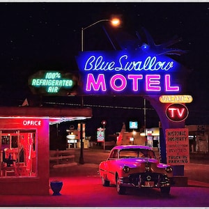 Vintage Blue Swallow Motel Photography Print, Tranquil Route 66 Landscape - USA Travel Wall Art - Road Trip Memories:Tucumcari Photo Print