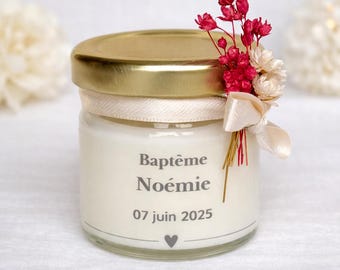 Cadeaux Invités Baptême Personnalisés – Mini Bougie 40ml avec Fleurs Séchées – Bougie Artisanale Souvenir Baptême