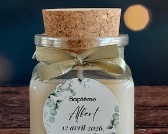 Personalized Christening Candle | Christening Favor | Christening Keepsake for Girls and Boys | Olive Wax | Glass Jar with Cork Stopper, 120ml
