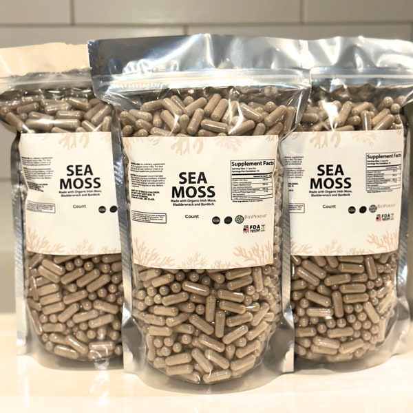 Sea Moss Capsules with Bladderwrack, Burdock Root,  Vegan Capsules, GMP Certified Facility, Irish Sea Moss (NO BOTTLES)