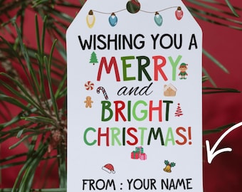 May include: A white rectangular Christmas gift tag with rounded top corners and a string hole. The text reads WISHING YOU A MERRY and BRIGHT CHRISTMAS! FROM : YOUR NAME. It features colorful holiday icons like lights, a tree, elf, candy cane, and gifts.
