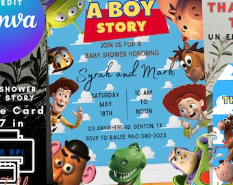 May include: A digital baby shower invitation card and matching thank you tag featuring Toy Story characters against a blue sky background. The invitation text reads A BOY STORY, JOIN US FOR A BABY SHOWER HONORING Syrah and Mark, SATURDAY MAY 18TH, 10 AM TO NOON, 123 ANYWHERE RD. DENTON, TX, RSVP TO BAILEE 960-340-3023.