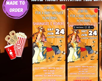 May include: A Winnie the Pooh movie ticket invitation template featuring characters like Pooh, Tigger, and Eeyore on an orange background. The text includes "Join us for a baby shower honoring Shaunasee & Robert," date, time, and location details.