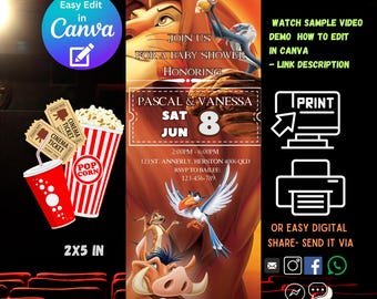 May include: A movie ticket-style invitation for a baby shower, featuring a design inspired by The Lion King. The invitation is 2x5 inches and includes the names Pascal & Vanessa, date, time, and location. It also has a popcorn and ticket graphic.