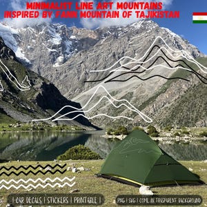 May include: Digital line art graphics featuring mountain silhouettes, a poppy flower, and wavy patterns overlaid on a landscape photo of the Fann Mountains in Tajikistan. The text reads MINIMALIST LINE ART MOUNTAINS INSPIRED BY FANN MOUNTAIN OF TAJIKISTAN.