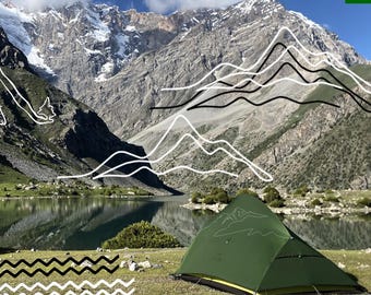 May include: Digital line art graphics featuring mountain silhouettes, a poppy flower, and wavy patterns overlaid on a landscape photo of the Fann Mountains in Tajikistan. The text reads MINIMALIST LINE ART MOUNTAINS INSPIRED BY FANN MOUNTAIN OF TAJIKISTAN.