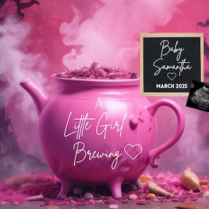 Pink Smoke Social Media Gender Reveal, klein meisje brouwen, bewerkbare zwangerschapsaankondiging Halloween-meisje, magische babyzusaankondiging