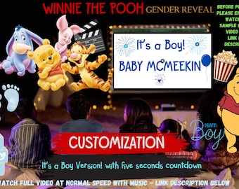 May include: A Winnie the Pooh themed gender reveal digital invitation featuring Eeyore, Piglet, Tigger, and Pooh. The screen displays 'It's a Boy! BABY MCMEEKIN' with blue fireworks and a balloon. Includes text about customization and a countdown.