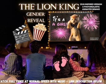 May include: A digital graphic for a Lion King themed gender reveal featuring a movie screen displaying a lion cub, pink fireworks, and the text 'IT'S A GIRL!', alongside a popcorn bucket, a film clapperboard, and the title 'THE LION KING'.