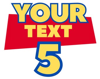 May include: A graphic design featuring the words YOUR TEXT in bold yellow letters with a blue outline, positioned above a large yellow number 5 with a blue outline. The text is set against a red trapezoidal background shape.