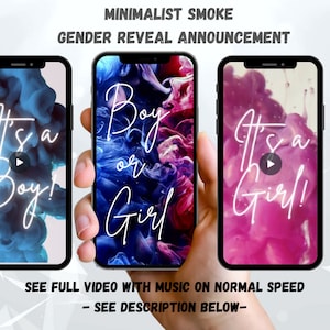 Anuncio de revelación de género digital Es un video de género de niña Es un video de niño Anuncio de cuenta regresiva video de revelación de género de humo minimalista