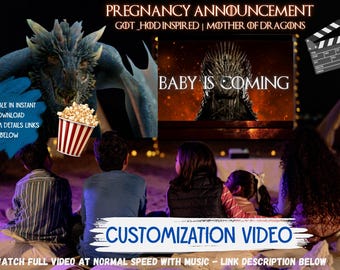 May include: A pregnancy announcement with a dragon and popcorn. The text reads "Pregnancy Announcement" and "Baby is Coming." The image includes the text "Available in Instant Download" and "Customization Video."