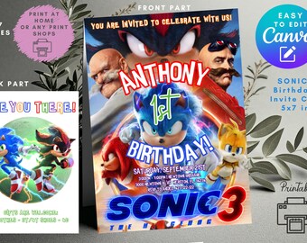 May include: A Sonic the Hedgehog themed birthday invitation card, 5x7 inches. The front features Sonic, Knuckles, Tails, and other characters. The back says "See You There!" and includes gift suggestions.