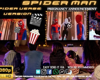 May include: A promotional image for a Spider-Man-themed video. The top of the image features the text "SPIDER MAN" and "SPIDER VERSE VERSION". The video includes a "Pregnancy Announcement" theme. The bottom of the image shows four people watching the video.