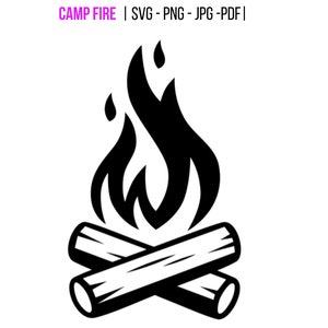 May include: Black and white illustration of a campfire with two logs crossed underneath a stylized flame.