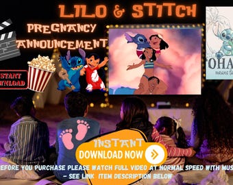 Puede incluir: Una ilustración digital de los personajes de Lilo y Stitch de la película de Disney. Los personajes están en una pantalla frente a un grupo de personas. El texto "Anuncio de embarazo" está en la pantalla. El texto "Descarga instantánea" está en un cubo de palomitas de maíz a rayas rojas y blancas. El texto "Ohana significa familia" está sobre un fondo blanco con un personaje azul de Stitch.