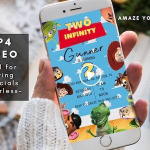 Toy Story Canva bewerkbare digitale verjaardagsuitnodiging downloaden, uitnodigingssjabloon uitnodigen om af te drukken, video, tekst 5 x 7, mp4-video-uitnodiging, bewerkbaar canvas