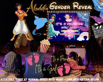 May include: A digital graphic for an Aladdin-themed gender reveal featuring characters Aladdin, Jasmine, and Genie. The screen displays the text IT'S A PRINCESS! BABY ANIKA COMING SOON! DECEMBER 2024, with a popcorn bucket and pink baby footprints.