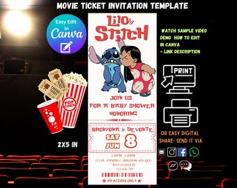 May include: Movie ticket invitation template featuring Lilo & Stitch characters. Includes popcorn, tickets, and a red cup. The invitation is 2x5 inches and includes the text "Join us for a baby shower honoring".