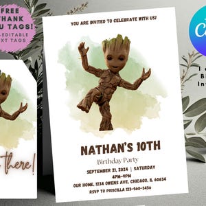 May include: Printable invitation card featuring a cartoon image of Groot from Guardians of the Galaxy. The card is green and brown with a watercolor effect. The text on the card reads "I am Groot Birthday Invite Card 5x7 in".