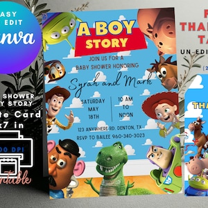 Toy Story Canva bewerkbare digitale babyshower babyshower, uitnodiging download, uitnodigingssjabloon voor print, video, tekst 5 x 7, mp4-video-uitnodiging