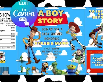 May include: A baby shower invitation with a blue background and Toy Story characters. The invitation includes the text "A Boy Story" and "To Infinity and Beyond!" along with the names Syrah & Mark, date, time, and RSVP information.
