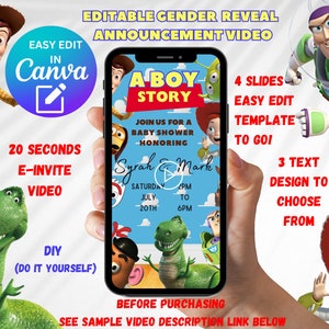 Toy Story Canva bewerkbare digitale babyshower jongensverhaal, uitnodiging download, uitnodigingssjabloon voor video, tekst, 20sec mp4-video-uitnodiging, afdrukken