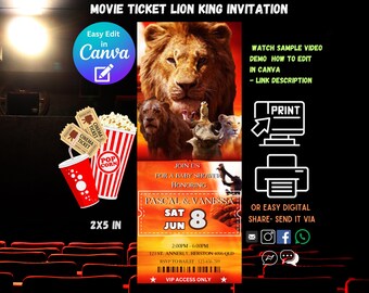 May include: A printable movie ticket invitation for a baby shower. The ticket is orange and yellow with a lion king theme. The text on the ticket reads "Join us for a baby shower honoring Pascal & Vanessa Sat Jun 8 2:00pm-6:00pm 1234 Annerly Herston 400 QLD RVP to Bailey 123-456-789 VIP Access Only".