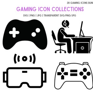 May include: A set of 28 black and white gaming icons. The icons include a gamepad, a virtual reality headset, a gamer at a computer, and a wireless controller.