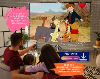 May include: A family watches a movie projected on a white screen. The movie features Winnie the Pooh and his friends. The screen is set up on a tripod stand. The family is sitting on a couch and a beanbag chair. The text on the screen reads "INSTANT Download Now".