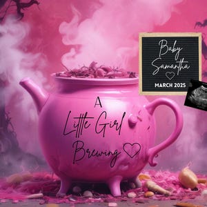 Pink Smoke Social Media Gender Reveal, klein meisje brouwen, bewerkbare zwangerschapsaankondiging Halloween-meisje, magische babyzusaankondiging