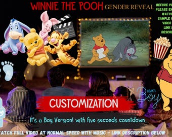 May include: A Winnie the Pooh gender reveal digital invitation featuring Eeyore, Piglet, Tigger, and Pooh characters. The graphic includes text reading WINNIE THE POOH GENDER REVEAL, CUSTOMIZATION, Team Boy, and It's a Boy Version! with five seconds countdown.