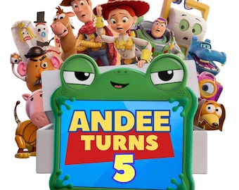 May include: A green frog-shaped tablet case featuring a blue screen with the yellow text ANDEE TURNS 5. Behind the tablet are various animated characters including a cowboy, a cowgirl, a space ranger, a potato figure, and a brown horse.