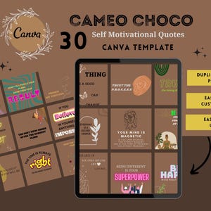 Może przedstawiać: Cyfrowy szablon do Canva z 30 motywującymi cytatami. Szablon jest wyświetlany na ekranie tabletu z brązowym tłem. Cytaty są wyświetlane w formacie siatki z kolorowymi tłami i ilustracjami.