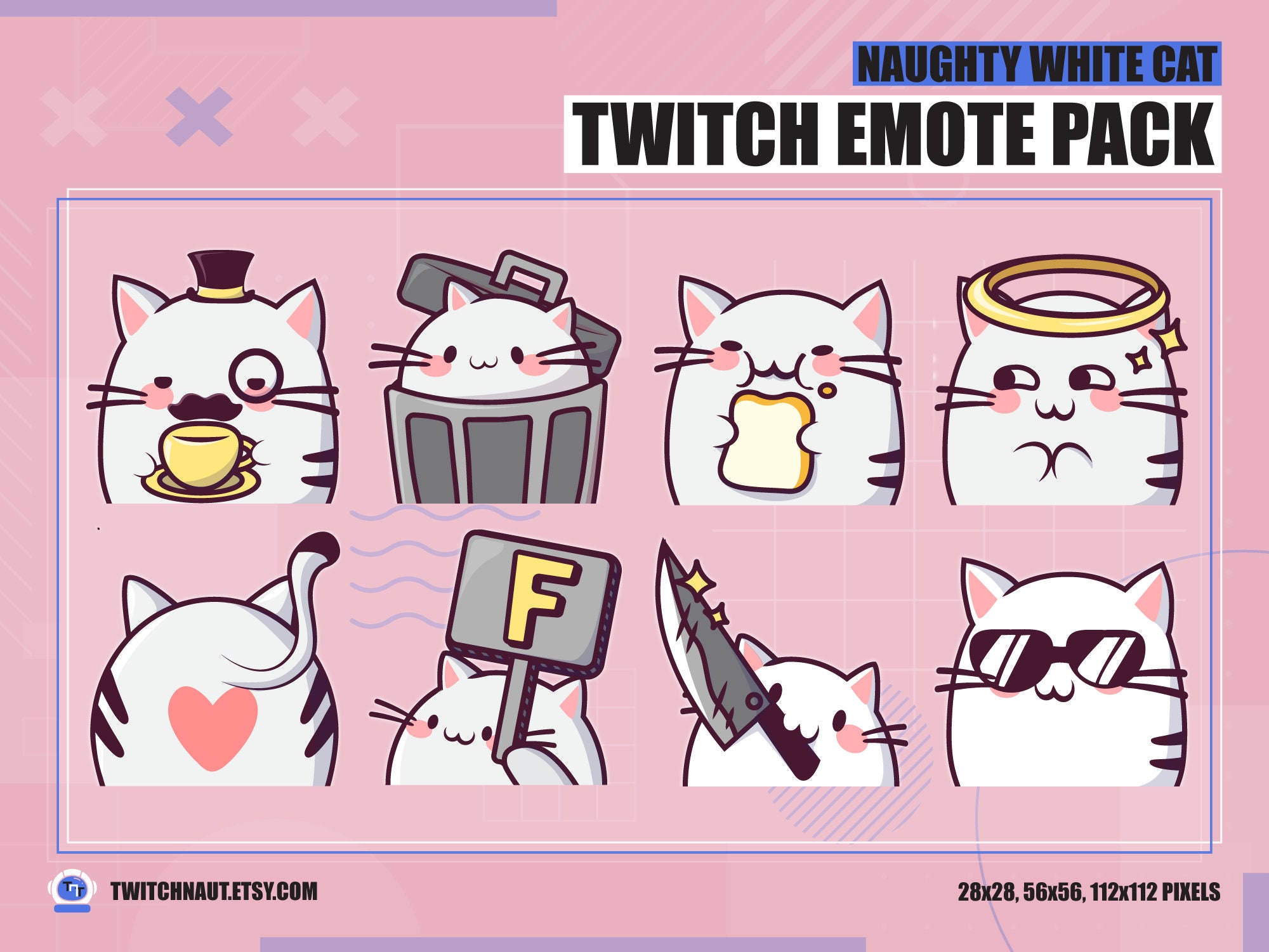 Cute Cat Twitch Emotes for Channel Points Funny Cat Stream Bundle White