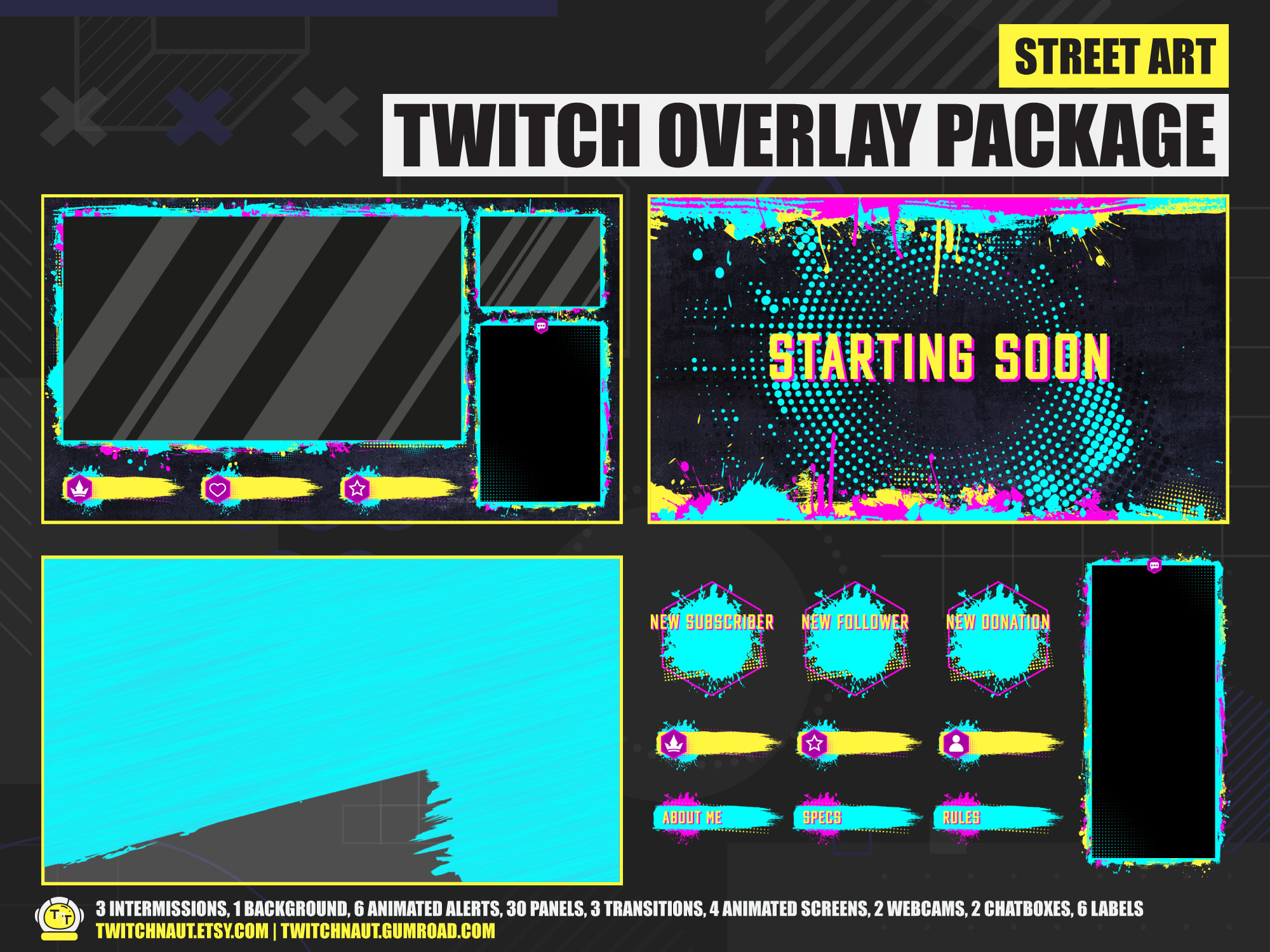 Pink & Blue Street Art Twitch Overlay Package | Graffiti Animated - Cool Things To Add To Your Stream Overlay
