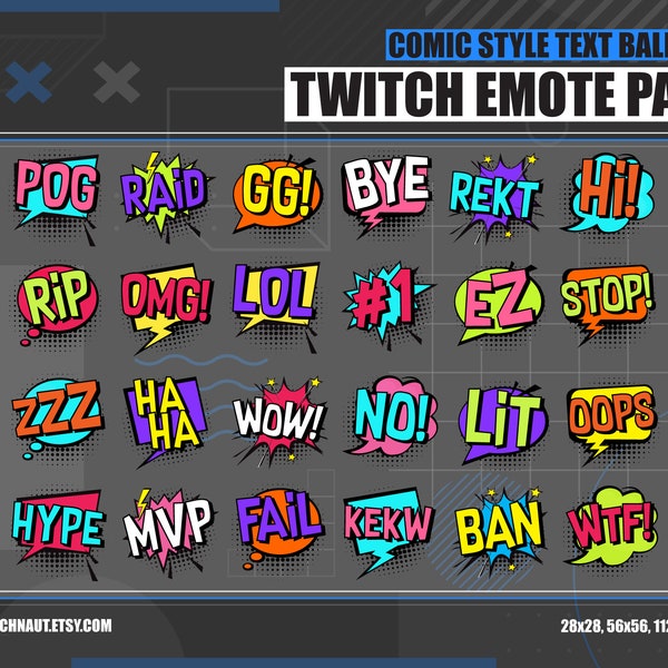 Comic Text Twitch Emote Pack for Streamers | Cool Comic Style Emote Bundle for Twitch Stream | Custom GG, Kekw, Raid, Hype Emotes & More
