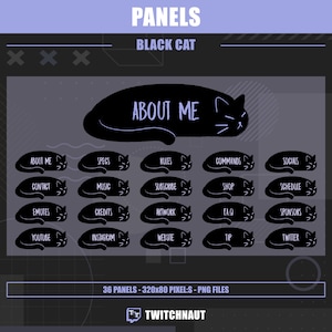 ストリーマー用のかわいい寝ている黒猫のツイッチ パネル 35 個 |黒と紫のイラスト Twitch ストリーム パネル |私について、仕様、コマンド
