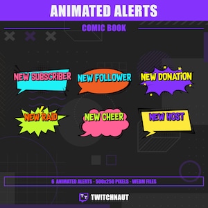 Comic Text Balloons for Twitch Alerts | Comic Themed Twitch Graphics for Streamers | Comic Speech Bubbles Twitch Notifications