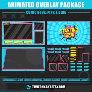 Animated Pink & Blue Comic Twitch Overlay Package |  Animated Twitch Screens and Twitch Alerts | Comic and Manga theme Stream Overlay Bundle