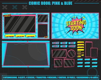 Animated Pink & Blue Comic Twitch Overlay Package | Animated Twitch Screens and Twitch Alerts | Comic and Manga theme Stream Overlay Bundle