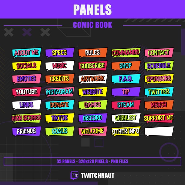 Panneaux Twitch colorés de style bande dessinée pour streamers | Panneaux thématiques Cool Comics et Manga pour Twitch | Panneaux de super-héros colorés pour Sream