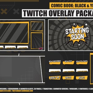 Black and Gold Comic Book Animated Twitch Overlay Package | Animated Cartoon Twitch Stream Pack | Anime and Manga Stream Overlay Bundle
