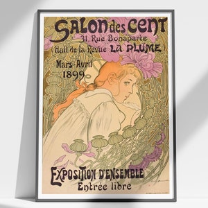 Art Nouveau Vintage Print, Art Exhibition Poster, Salon des Cent, Pink Flower Print, French Poster, Pink and Green Print, Girl With Flowers