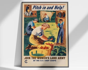 Women’s Land Army Vintage Poster, Vintage Farm Print, Kitchen Print, American Vintage Poster, Vegetable Print, Farming Gift, Gardener Gift
