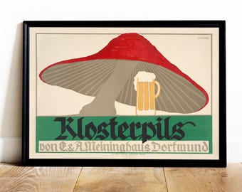 Vintage German Beer Poster, 1910s Klosterpils Pilsner Retro Drinks Print, Dortmund Bar Art (Digital Download)