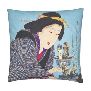 Geisha with Plants Vintage Japanese Cushion with Insert, Blue Cotton Linen 40x40cm, 16x16 inches Square Cushion, Japanese Décor, Japan Gift