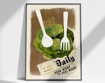 British Vintage Food Poster, Eat Greens for Health, WW2 Public Health Poster, Kitchen Print, Café Poster, Green and Gold Retro Wall Art