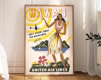 Póster de viaje retro de chica hula hawaiana, impresión vintage de United Airlines, década de 1950 (descarga digital)