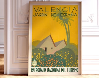 Affiche touristique de Valence, art des années 1930 représentant une orangeraie espagnole, agrumes jaunes, oranges et verts.